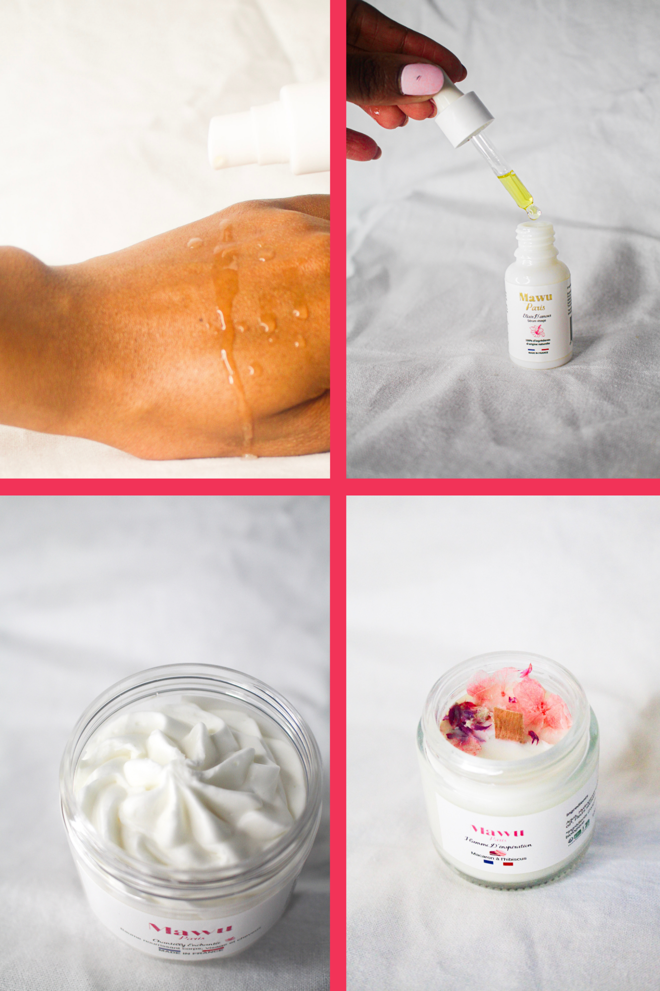 Petit Quatuor D'amour avec accessoires: huile nettoyante - sérum nourrissant visage - bougie bijoux - baume corps - gua sha en jade rose - lot de 6 lingettes démaquillantes corps