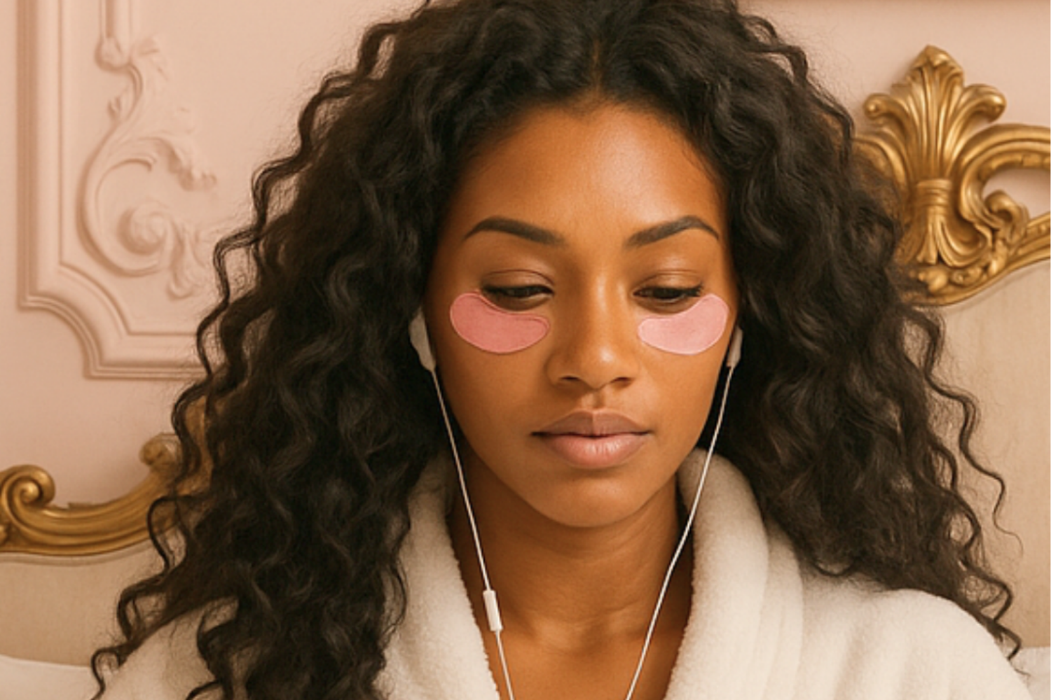 Jolie femme noire écouteurs filaire dans les oreilles patchs anti cernes roses sous les yeux et longs cheveux bouclés noirs.
