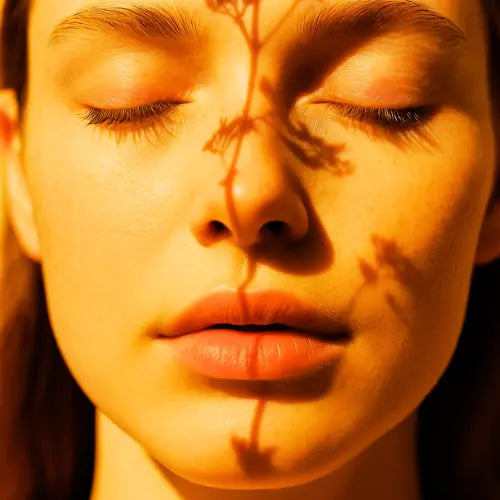 Une femme blanche brune les yeux fermés avec l'ombre d'une fleur sur le visage.