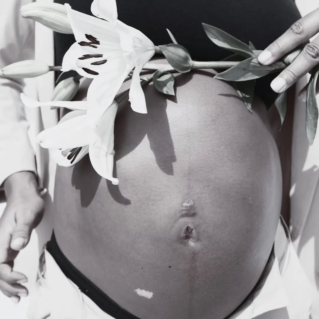Photo en noir et blanc du ventre découvert d'une femme enceinte, une brassière noire couvre sa poitrine et tient la tige d'une fleur blanche posée sur son ventre.