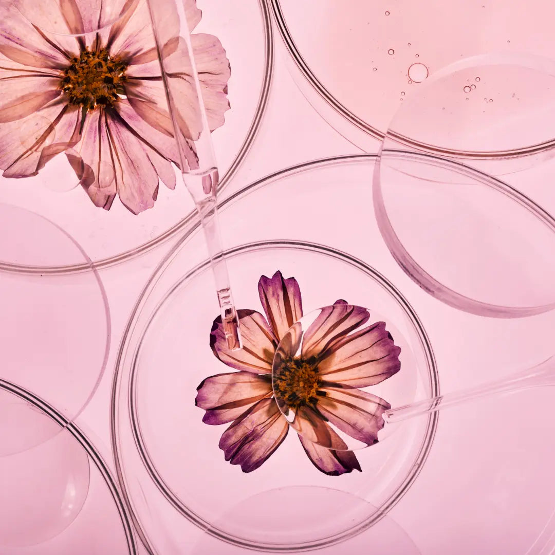 Sur fond rose clair, des coupelles transparentes contenant des fleurs )à pétales roses.