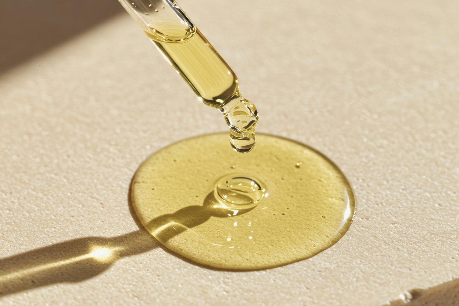 Une goutte du sérum Élixir D'amour de Mawu Paris qui sort d'une pipette en verre, et s'étale sur une surface en pierre. 