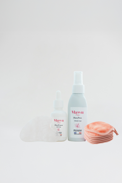 Grand Duo Divin avec accessoires: huile nettoyante visage - sérum nourrissant visage - Gua sha en jade rose - lot de 6 lingettes démaquillantes lavables