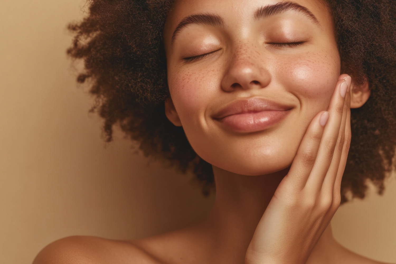 Jolie femme métisse à la coupe afro, yeux fermés,  mains gauche sur la joue.