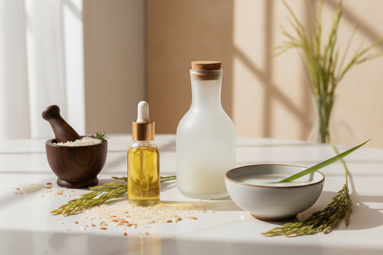 un bol d'eau de riz fermenté, un flacon d'huile de riz, un mortier en bois rempli de riz et des grains de riz sur une table en marbre blanc.
