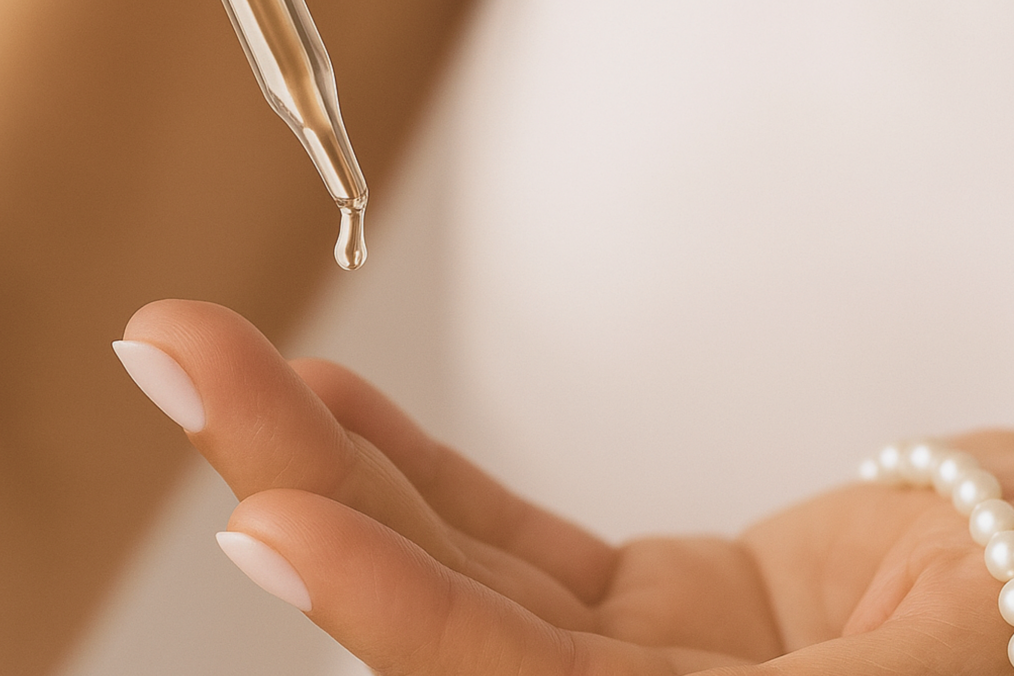 Sérum visage nourrissant Élixir D'amour. Goutte de séru dans la paume de main.